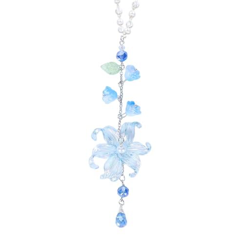 LuneClat Lily Leaf Car Charm - Blue Waterlily Crystal Drop Floral Sun Catcher for Rear View Mirror Decor, Resin Flower Beads Cars Interior Hanging Accessory for Women Men