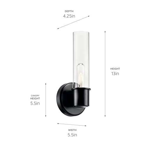 Image of Kichler Aviv 1-Light Wall Sconce, Modern Light with Clear Glass in Black, for Bedroom, Laundry Room, Kitchen or Hallway (13 inch x 5.5 inch), 52653BK