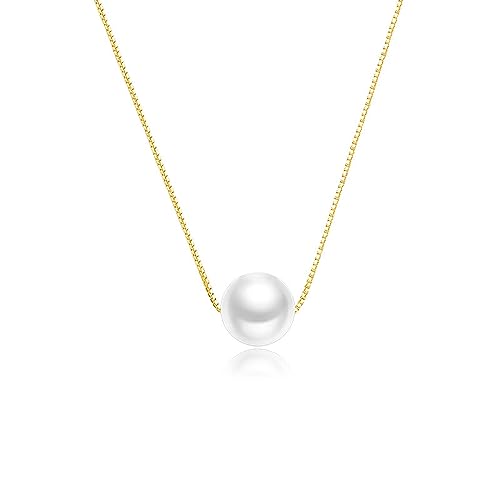 Hmzidz Colgante Mujer Plata de Ley 925 con Blancas Perlas Collar de Perlas Mujer Gargantilla de Oro y Perlas Collar de Perlas Flotantes para Niñas Perlitas para Collares(10MM,Oro)