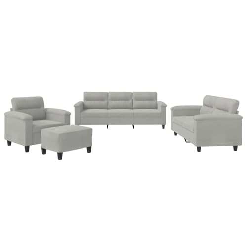 vidaXL Sofagarnitur 4-TLG., Sessel Couch mit Kissen Fußhocker, Sofa Wohnzimmersofa mit Armlehnen, Couchgarnitur Designsofa Sitzmöbel Polstermöbel, Hellgrau Mikrofasergewebe