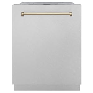 ZLINE Autograph Edition 24″ 3rd Rack Top Touch Control Tall Tub Dishwasher in DuraSnow® Stainless Steel with Champagne Bronze Handle, 51dBa (DWMTZ-SN-24-CB)