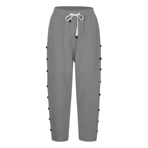 Linen Capris for Women High Waisted Elastic Drawstring Capri Pants with Pockets Side Button Casual Cropped Trouser4