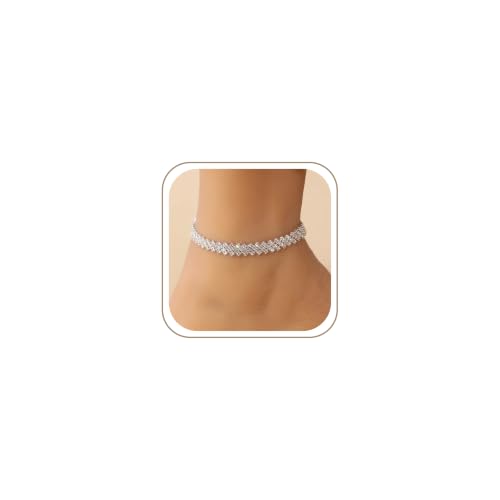 Image of Fesciory Heart Rhinestone Ankle Bracelets for Women, Adjustable Silver Plated Shiny Tennis Anklets, Twinkle Cubic Zircon Imitation Diamond Anklet Foot Chain Jewelry Gifts