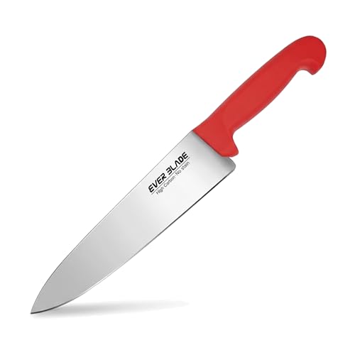EVER BLADE 10 Inch Professional Chef Knife - 250mm Blade - HACCP Colour Coded Red Handle, Japanese High Carbon Stainless Steel Kitchen Knife, Non-Slip Textured Grip, Raw Meat Prep & Commercial Kitchen