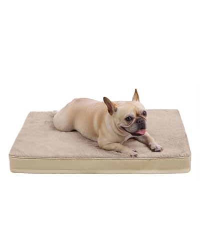 Image of KSIIA Orthopedic Dog Bed for Small Dogs with Waterproof Lining, Khaki,23x17 | Deluxe Soft Plush Dog Crate Bed, Washable Pet Mat with Removable Cover & Egg Crate Foam for Small Dogs Sleeping & Relaxing