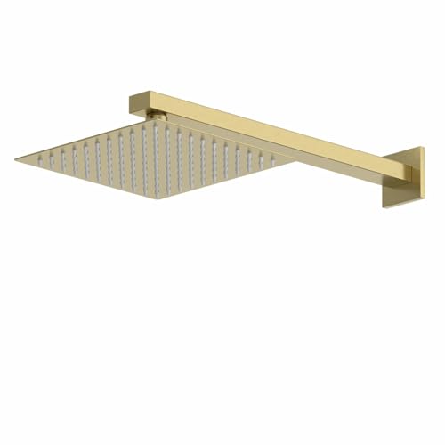 Image of Architeckt® Modern Bathroom Rainfall Drencher Shower Head, Wall Mounted Arm, Large Square Stainless Steel Adjustable, Rub Clean Nozzles, Brushed Brass