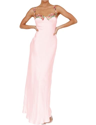 Sexy Satin Spaghetti Strap Floral Embroidered Maxi Dress for Women Sweetheart Neckline Backless Sleeveless Slit Midi Dress Pink
