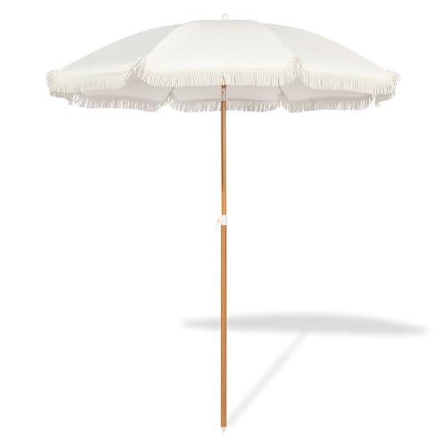 Seazul 5.2ft Patio Umbrella with Fringe Beach Umbrella Fringe Umbrella Outdoor Patio Tilting Steel Pole UV 50+ Fiberglass Ribs Elegant Cream