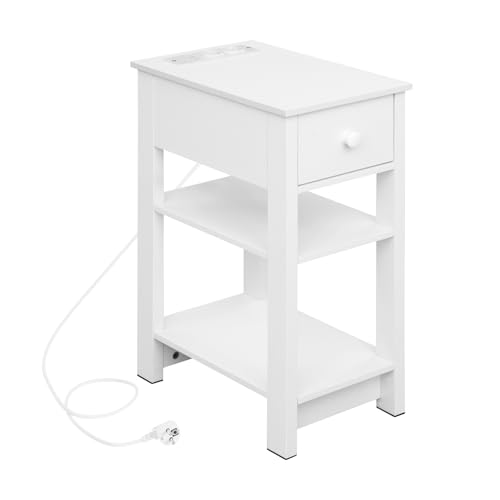 WOLTU Mesita de Noche, Mesilla de Noche con 2 Enchufes y 2 Puertos USB, Mesa de Centro con 1 Cajón y 2 Estantes Abiertos, Mesa Auxiliar de Cama, Sofá, Dormitorio, Salón y Entrada, Blanco, NTS20ws