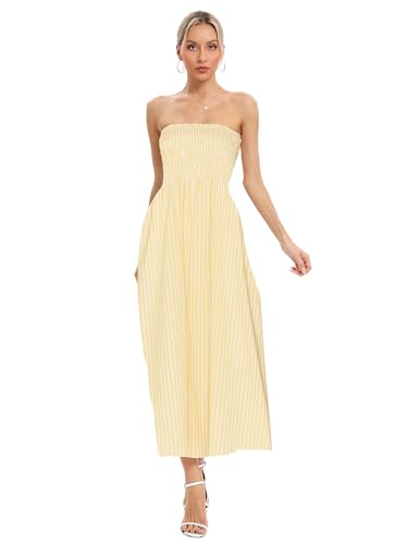 Image of Women Strapless Smocked Flowy Swing Boho Maxi Dress Tube Top Beach Dress | Smocked Bodice Flowy A Line Beach Dress with Pocket Casual Vacation Beach Wedding Guest Dress Off Shoulder Boho Dresses