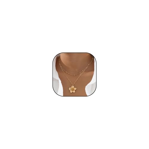 Titayen Chunky Gold Flower Pendant Necklace for Women Trendy Gold Layered Flower Pendant Chain Choker Necklace