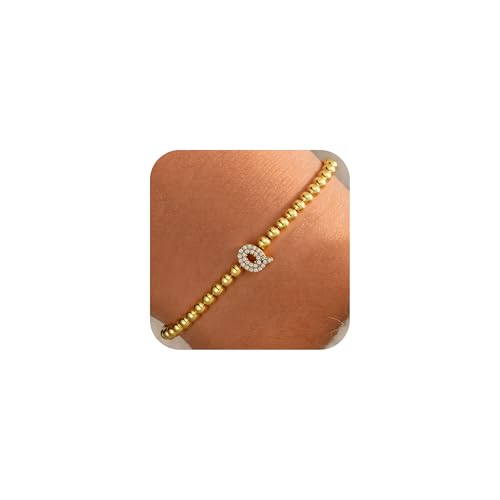 Fimhut Zircon Initial Bracelet for Women - Never-Fade Personalized Jewelry, Dainty 14K Gold Plated Beaded Bracelets for Women Trendy Letter Q Personalized Jewelry Gifts