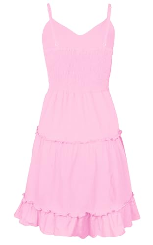 Image of FANCYINN Women Floral Casual Tiered Mini Dresses Spaghetti Strap V Neck Backless A Line Swing Short Dress with Pockets