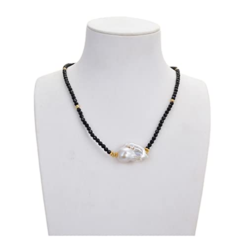 Collier Onyx Noir 4 mm véritable et pendentif perle Keshi baroque naturelle 18 pouces