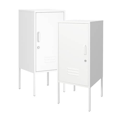 [en.casa] Set di 2 Comodini in Acciaio ad Anta con Serratura a Chiave Armadietti Mobiletti con Ripiano e Scomparti Interni Maniglia a Destra e Sinistra 82 x 35 x 35 cm - Bianco
