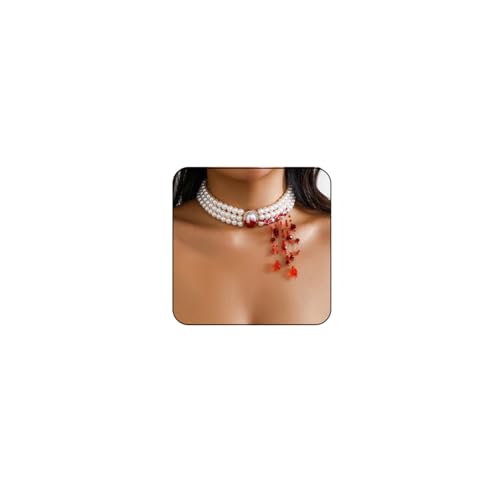 Gothic Blood Pearl Choker Necklace for Women Vintage Bleeding Rose Flower Necklace Adjustable Dripping Bloody Layered Pearls Necklaces Goth Vampire Blood Drip Necklaces Halloween Birthday Party Jewelry (Red2)