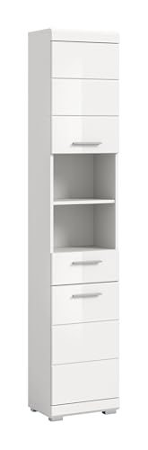 xonox.home - Hochschrank Linus 30x182x31 cm in Front weiß Hochglanz Korpus weiß - Badezimmer Badschrank schmaler Badezimmerschrank - modern, platzsparend und funktional