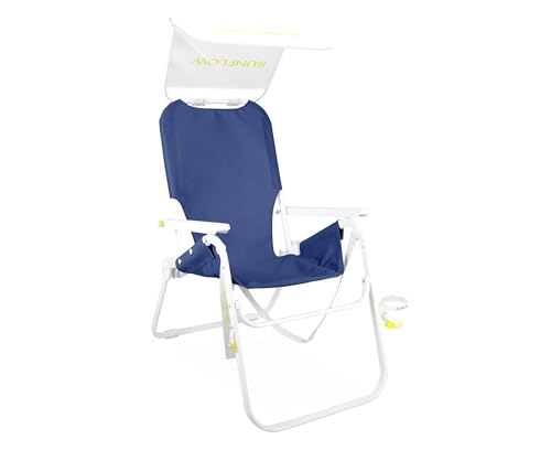 SUNFLOW The Tall Sand Dune Premium Beach Chair Portable Rust-Resistant Adjustable Reclining Lounger with UPF 50+ Sun Shade and Drink Holder for The Ultimate in Comfort -Ocean Navy