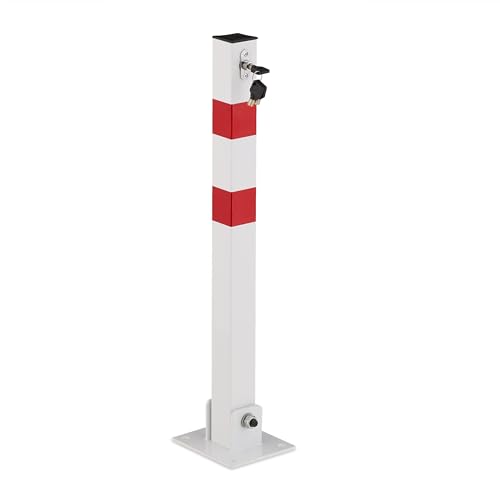 Relaxdays Absperrpfosten, klappbar, Stahl, Parkplatz Absperrung, H: 65 cm, abschließbar, eckiger Parkpfosten, weiß/rot