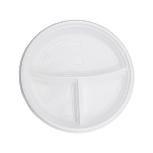 Commerline Plastikteller 100 Stück 3-geteilt | Mehrweg Ø22 cm Plastik Teller Kunststoffteller | Partyteller Partygeschirr Plastikgeschirr Spülmaschinenbeständig