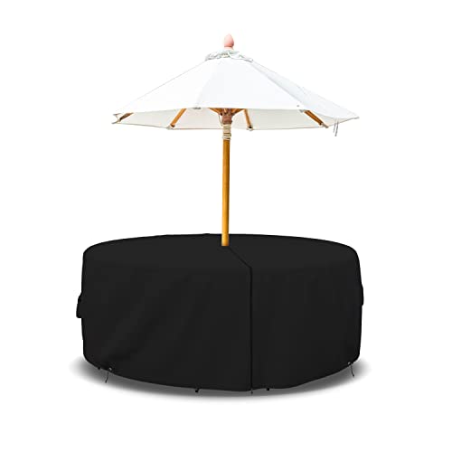 Covers & All Patio Round Table and Chair Set Cover with Umbrella Hole - Heavyduty 12 Oz Waterproof Outdoor Backyard Furniture Cover with Air Pocket & Drawstring for Snug fit. (60