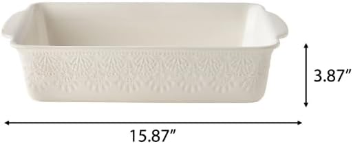 9" x 13" Vintage Lace Ceramic Casserole Baking Dish with Polypropylene Lid, Linen Color Stoneware Baker, Oven to Table Lasagna Pan