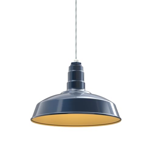 Image of Steel Lighting Co. Carson Barn Light | Ceiling Mounted Pendant | 16 inch Dome | 4' White Cord | Industrial Style Steel Light Made in America | Gray Blue Exterior /Brass Interior