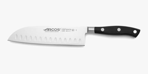 Arcos Cuchillo Santoku Acero Inoxidable. Cuchillo cocina profesional japonés cortar carne, pescado y verduras. Mango ergonómico polioximetileno y Hoja 180 mm. Serie Riviera. Color negro.