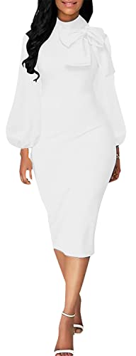 Image of Sexy Long Sleeve Dress for Women Solid Color Bow Knot Turtleneck Formal Gown Midi Casual Church Dresses