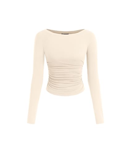 PRETTYGARDEN Long Sleeve Shirts for Women 2026 Fall Ruched Sides Boat Neck Basic Tee Casual Fitted Ribbed Knit Crop Tops (Beige,Medium)