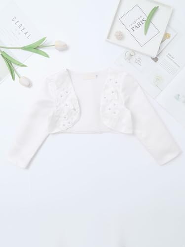 JEATHA Kids Girls Long Sleeve Bolero Shrug 3D Applique Satin Open Front Cardigan Flower Girl Dress Cover Up3
