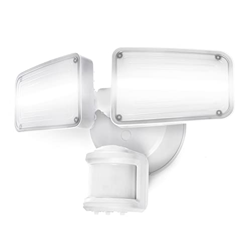 Home Zone Security Dual Brightness Motion Sensor Light - Outdoor Weather Resistant LED Twin Head 5000K Security Light with Standby Halo Light and Easy Connect Back Panel, White