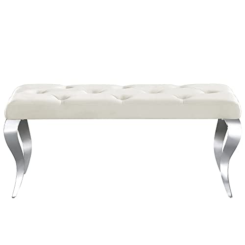 Azhome Beige Velvet Bench, Button Tufted Upholstered Dining Bench With Curved Silver Mirror Stainless Steel Legs #TOP1