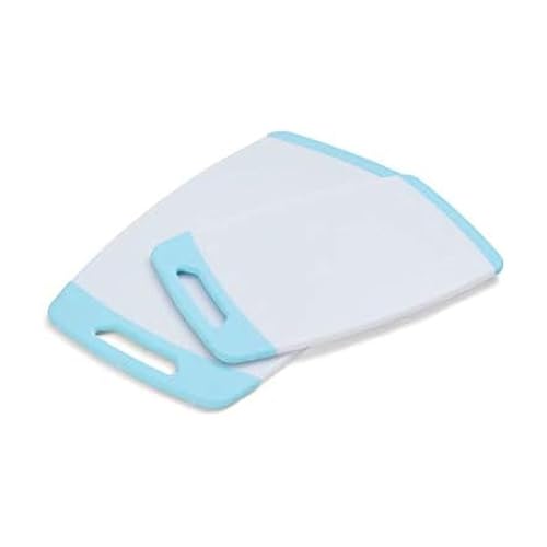 Farberware Nonstick Poly Cutting Board Set, 2-Piece, White with Aqua Trim