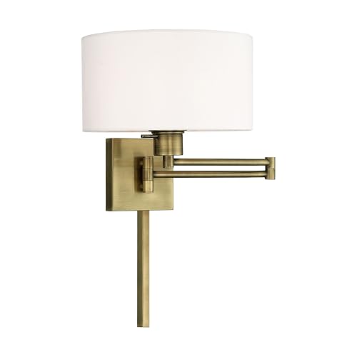 Image of Livex Lighting 40036-01 1-Light Swing Arm Wall Light, Antique Brass | Off-White Fabric Shade
