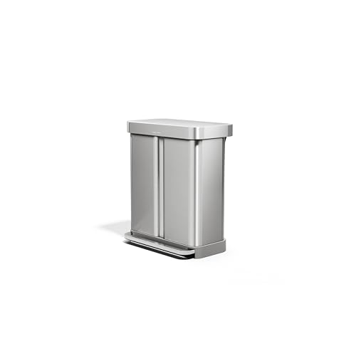 simplehuman 58 Liter / 15.3 Gallon Rectangular Hands-Free Dual Compartment Recycling Kitchen Step Trash Can with Soft-Close Lid, Brushed Stainless Steel