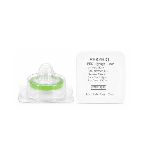 Image of PEKYBIO Sterile Syringe Filter, 25mm PES Filtration 0.22μm Pore Size with Green Smooth Ring, Individually Packed for Lab, Pack of 10