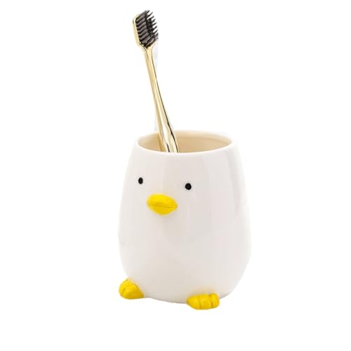Keramik-Zahnbürstenhalter für Kinder, Stifthalter für den Schreibtisch, niedliche Ente, Make-up-Pinsel, niedlicher Tierbecher, passend für Büro, Schule, Zuhause, Gelb (10 cm H)