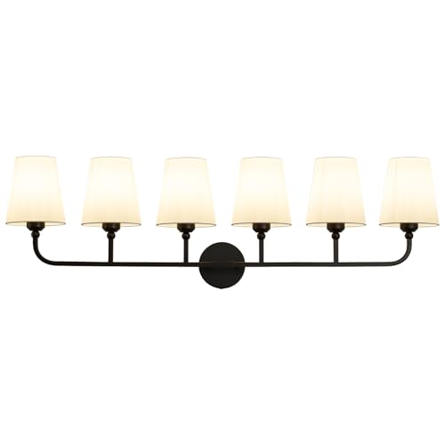 Image of Bathroom Vanity Light, Matte Black Bathroom Lighting Fixtures Over Mirror | 6-Light Bathroom Light Fixtures with Flared White Fabric Shade, E26 Socket (ETL Listed)