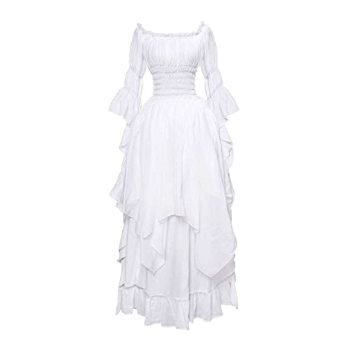 Mittelalter Kleider Damen Gothic Lang, Mittelalter Kostüm Damenkleid mit Ausgestellten Ärmeln für Gothic Cosplay Historische Aufführungen (White -...