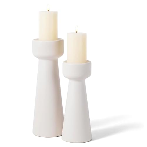 Set of 2 White Ceramic Taper Candle Holders, Matte Decorative
