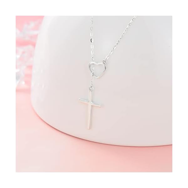 SISGEM 14K Real Gold Cross Necklace for Women,Yellow/White Gold Small Heart Cross Y-Necklaces,Anniversary Birthday Jewelry Present for Wife Mom 16''+2'' - Image 4