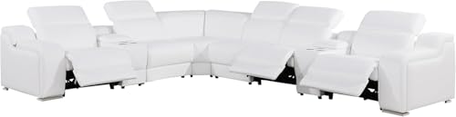 Blackjack Furniture Ibero 8-Piece Top Grain Italian Leather Sectional Reclining Sofa Set with 3 Power Recliners, Adjustable Headrests, USB and Wireless Phone Charger, and Console Storage, White