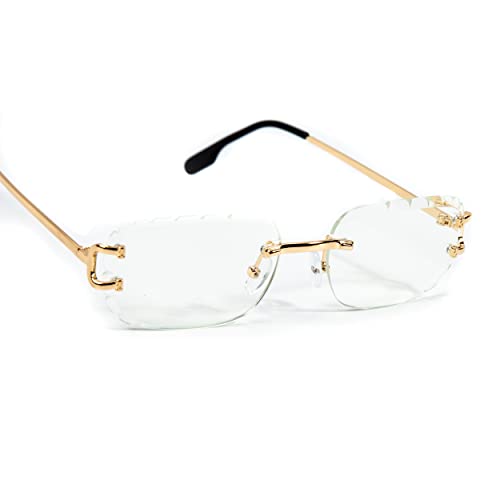 Street Knitted Rectangle Unisex Frameless Gold Wire Frame Luxury Trendy Gem Cut Retro 90's Rimless Clear Lens Hip Hop Diamond Cut Square Eye Glasses For Men Women4