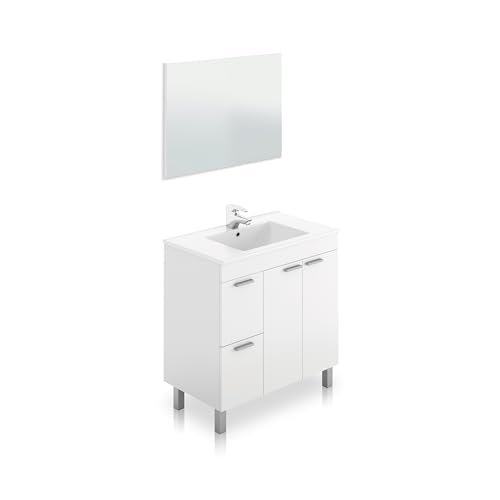 duehome | Mueble de Baño con 2 Puertas 2 Cajones y Espejo, Modulo Baño, Modelo Liz, Acabado en Blanco Brillo, Medidas: 80 cm (Ancho) x 80 cm (Alto) x 45 cm (Fondo)
