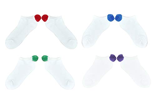 NEW! Pom Pom Socks Girls (4 Pair) Youth - Lowcut Ped Athletic Socks - Fits Kids Shoe Size: 9-32