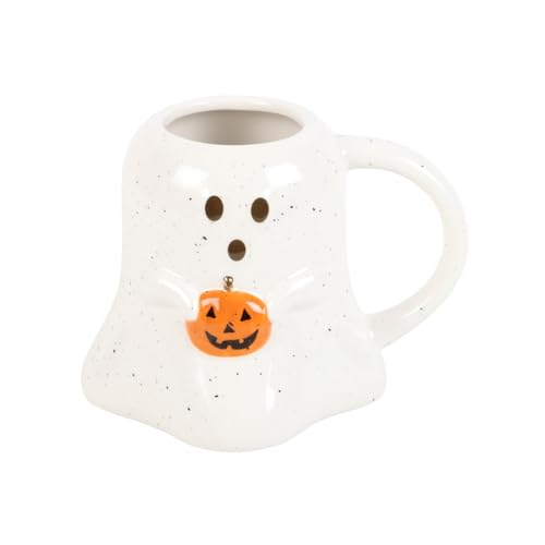 SJ TRADERS Tasse en céramique en forme de fantôme avec citrouille, capacité de 440 ml pour café et thé avec poignée, tasse en forme de citrouille, fantôme effrayant, cadeau pour vos proches pour