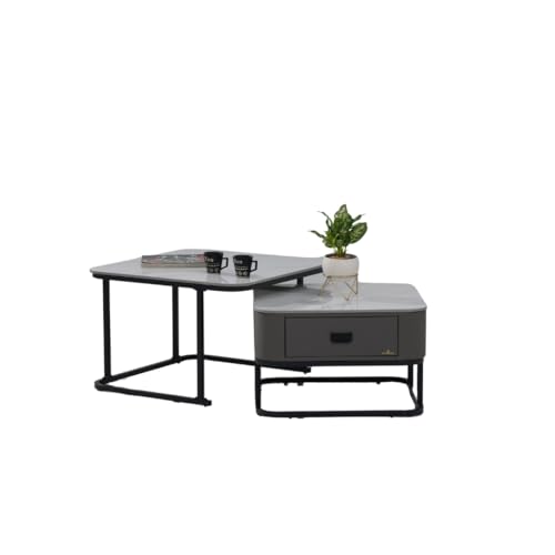 Image of Royaloak Genting Malaysian Square Sintered Top Coffee Table Set of 2 | Nesting Coffee Table for Living Room with Modern Nested Design, Drawer Storage, Glossy Surface & Powder-Coated Metal Frame