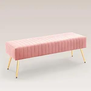 Image of Modern Velvet 2 Seater Ottoman | Upholstered Long Ottoman for Bedroom, Living Room, Entryway, Sofa Upholstered or End of Bed Seating | Comfortable Padded Accent Furniture | Velvet Pink