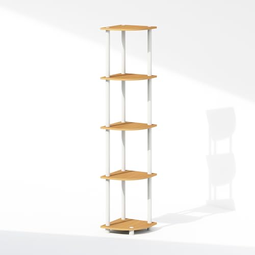 Image of Furinno Turn-N-Tube Storage Shelves, 5-Tier Book Shelf, Corner Shelf, Toolless Open Shelves, for Organization and Storage, Living Room, Home Office, Hallway, Bedroom, Beech